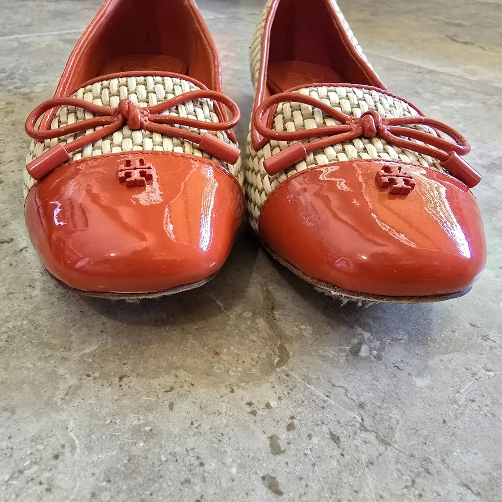 TORY BURCH Catherine orange patent with raffia smoking slippers flats shoes 5 - Picture 2 of 8